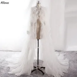 Bolero de noiva encantador com babados manga comprida lantejoulas apliques de renda jaqueta capa de casamento xale vestido de maternidade sessão de fotos robe CL3379