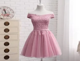 Fora do ombro tule curto vestidos de dama de honra com renda 2019 na altura do joelho vestido de festa de casamento sukienki weselne4687776