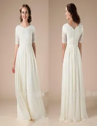 Lace Chiffon Boho Modest Wedding Dresses With Short Sleeves Boho Bridal Gowns Aline Floor Length Reception Informal LDS Wed Dress6011330