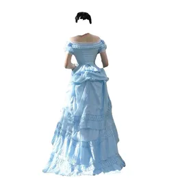 Bustle Dresses 2024 Prom Vintage Off The Victorian Shoulder Pleats Ruffles Long Medieval Formal Party Gowns Elegant Light Sky Blue Even GG