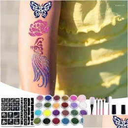 Tatueringsfärg 30 färger glitter kit med stencil lim borste smink kroppskonst för barn adts målning pulver droppleverans hälsa skönhet ta otmk6