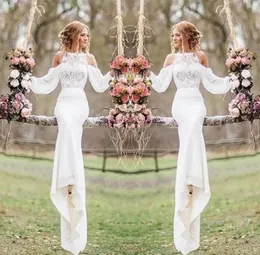 الأنيقة الدانتيل غمد الفستان Bateau Sweep Train Modern Chiffon Long Sleeves Country Bridal Donshs Sexy Beach Boho Bride Dresse4628179