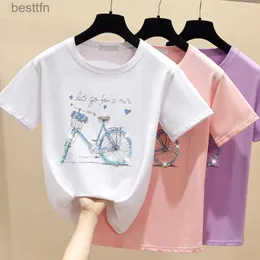 T-shirt da donna gkfnmt Stampa con perline T-shirt rosa T-shirt estiva corta da donna Top bianca T-shirt in cotone stile coreano Abbigliamento donna 240311
