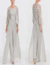 Två stycken Jumpsuits Mother of the Bride Dresses With Lace Jacka Silver Grey Chiffon Long Evening Party Gowns Pants Pantsuits Plus Size7891276