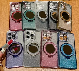 İPhone 15 için bling parıltılı manyetik kablosuz şarj çantası 14 Pro Max 13 12 11 Samsung S24 S23 S22 Ultra Ayna Pırlanta Krom Krom Yumuşak TPU Kickstand Tutucu Kapak