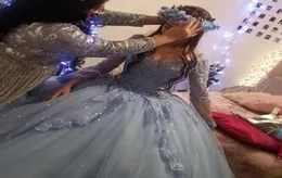 Princesa 2020 azul tule quinceanera vestidos de baile sheer manga longa renda festa baile debutante 15 doce 16 vestido vestidos de q4084672