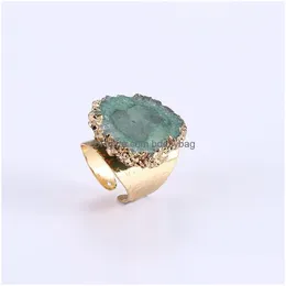 Anello solitario Pietra di cristallo naturale Anelli con stampa floreale regolabile per donna Uomo Party Club Decor Placcato in oro Gioielli di moda Goccia Del Dhhjt