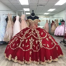 Burgundy Puffy Princess Quinceanera Dresses Off Shoulder Luxury Gold Lace Applique Lace-up Sweet 16 Prom Vestidos de 15 a os304n