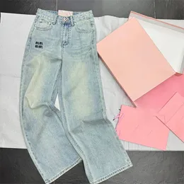 Letter Embroidered Women Pants Blue Straight Casual Denim Trousers Designer Elegant Street Styl Jeans