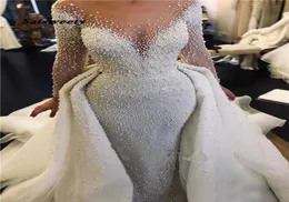 Luxury Full Pearl Beaded Mermaid Wedding Dresses With Löstagbart Tåg Vintage Långa ärmar Saudiarabiska plus -storlek Brudgown7668401