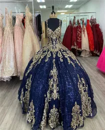 2022 Glitter Navy Blue 및 Gold Sembellished Pageant Prom Dreess Ball Gown Keyhole Back Corset Blingling Quinceanera Sweet 15 Dres9405397