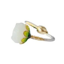 S925 Srebrny Cloisonne Ręcznie Inkrustowany Hetian Jade Lotus Vintage Ring2889