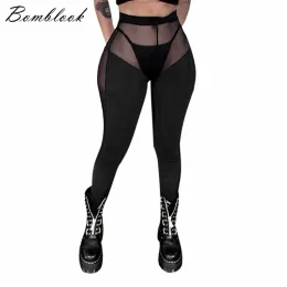 Capris Bomblook K22pt122 2022 Fashion Sexy See Through Streetwear Solid Color Net Patchwork Pants Women Casual