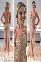 2019 Champagne Gold Major Beading Prom Party Dresses Mermaid Deep V Neck Open Back Crystal Evening Gowns Vestidos de Fiesta5066824