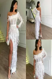 2019 White Sexy Vality Dresses High Side Split Lace Feather One One Counter Mermaid Prom Dress Length Long Cocktail Party Gown1038118