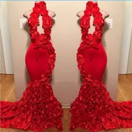 Red Rose Mermaid Prom Dresses New Sexy High Neck Applicants Formella aftonklänningar Sop Train Cocktail Party Gowns S272A