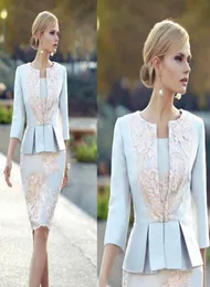 Cheap Appliqued Mother Of The Bride Dresses With 34 Sleeves Peplum Wedding Guest Dress Knee Length Plus Size Jacket Mothers Groom8472144