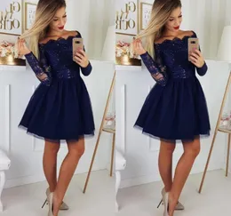 Off the Shoulder Short Party Dresses With Long Sleeve Sequin Applique Draped Prom Dress Cocktail Homecoming Dress Billiga Navy Blue 5723714