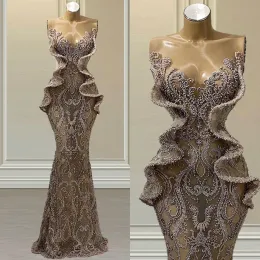 Luxury Beading Mermaid Evening Dresses Lace Appliqued Crystal Sheer Jewel Neck Prom Dress Saudi Arabia Robe De Soiree