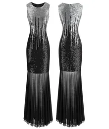 Angelfashions Women Classic Silver Black paljetter Transparent Tulle Maxi Sheath Cocktail Evening Dress Vintage Party 4582551495