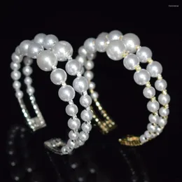 Bangle Two Rows Baroque Pearl Bracelet Fashion Wide Cuff Cubic Zirconia Multilayer Beaded Bangles Bridal Jewelry Women's