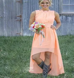 2018 nowe tanie wiejskie sukienki druhny BATEAUNS Backless High Low Szyfonowe Coral Mint Maid of Honor Dress for Wedding Party 3677659