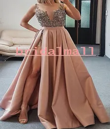 Beaded Crystal Long Prom Dresses Illusion Neck Dusty Pink Satin Formella aftonklänningar Löstagbara tågs paljetter Split Cocktail Party7304295