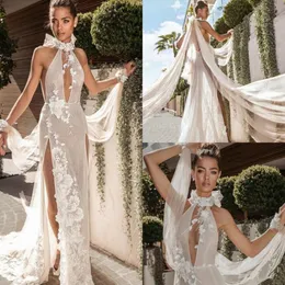 Elihav Sasson Mermaid Wedding Dresses Side Splits Halter 3D Floral Aptliquesセクシーバックレスブライダルドレススイープトレインウェディング300W