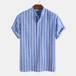 Camicia in lino e cotone Camicie estive a righe a maniche corte da uomo Tinta unita Colletto rovesciato Camicetta casual stile spiaggia Top Pullover 240301