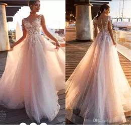 2022 Linia sukien ślubna plażowa wiejskie koronkowe aplikacje Sheer Scoop Scyk Tiul Control Buttule Tiul Long Bridal Wedding Gowns BA97751525