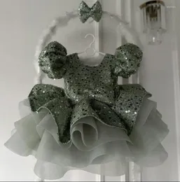 Kız Elbiseler Yeşil Çocuk Parti Elbise Lolita İlk Doğum Günü Prenses Elbise Vaftiz Bebek Giysileri Baş Yay 12m 24m