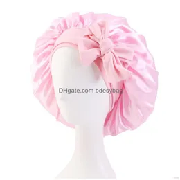 Beanie/Skull Caps Solid Color Satin Bowknots Sleep Bonnet For Women Lady Headwrap Night Hat Hair Care Fashion Headwear Drop Delivery A DH9KF