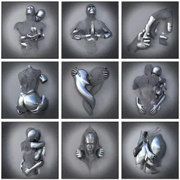 Silver Metal Figure Staty Wall Art Canvas Målning Romantisk älskare Skulptur Poster Bild för vardagsrum Heminredning Skriv ut nr F275F