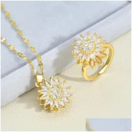 Hänghalsband delikat zirkon solros halsbands ring set roterbar blommakedjekedja smycken party professionell gåva drop de dhzhv