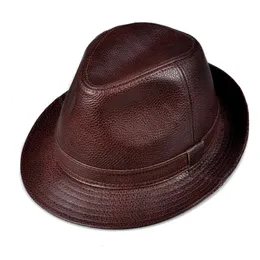 2024 Man Högkvalitativ äkta läderjazz Fedora Gentleman Cow Skin Short Brim Blackbrown Top Hat Male Shows Topper 240301