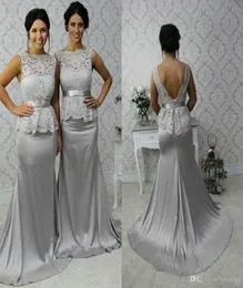 Prata vestidos de dama de honra sereia bateau sem mangas até o chão renda longo prata noivas vestido de empregada longo8272930