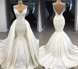 Zarte Meerjungfrau-Brautkleider mit abnehmbarer Schleppe 2019 V-Ausschnitt-Spitze-Brautkleid Plus Size rückenfreie Brautkleider nach Maß3130141