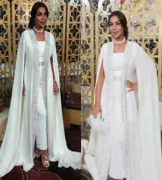 ドバイイスラム教徒のイブニングドレスホワイトスパンコールモロッコカフタンシフォンケーププロムスペシャルオンスガウンアラビア語の長袖ドレス