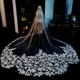 Gorgeous Cathedral Wedding Veils Lace Appliqued Edge Soft Tulle Hair Accessories Long Floral Bridal Veil With Comb