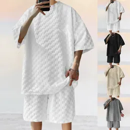 Mens verão solto de duas peças casual simples camiseta e shorts roupas de rua de luxo dos homens branco faixa roupas praia conjunto 240311