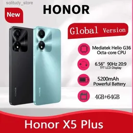 Telefones celulares Honor Phone X5 Plus Versão Global 6.56 90Hz Eye Comfort Display 5200mAh Bateria 50MP Câmera Dupla 4GB RAM 64GB Android Q240312