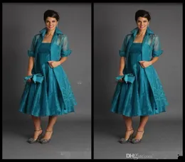 Artı Boyut Koyu Yeşil Gelin Elbiseleri 2019 Ceket Elbise Kolsuz Çay Uzunluğu Anneler Uygun Gowns Ucuz Organza5826647
