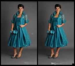 Plus Size Verde Escuro Mãe Da Noiva Vestidos 2019 Jaqueta Vestido Sem Mangas Comprimento Do Chá Mães Ternos Vestidos Formais Organza Barato5826647