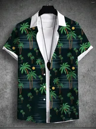 Men's Casual Shirts Summer Tropical Print Hawaiian Beach Vacation Set Plant Coconut Tree Short Sleeve T-Shirt 4-Way Stretch Fabric