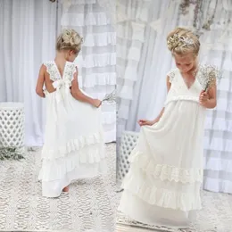 Romantic 2020 New Arrival Boho Flower Girl Dresses for Wedding Cheap V Neck Chiffon Lace Tiered Formal Kids Wedding Dress Custom M2162