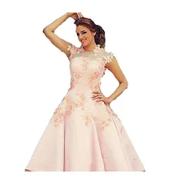 Vestidos 2021 verão curto blush rosa primavera nova uma linha de cetim vestidos de noiva 3d flores rendas apliques chá comprimento jardim vestido de casamento gg ppliques