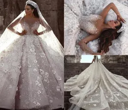 Elie Saab 2020 Ball Gown Longleeevs Wedding Dresses Luxury Crystal Beaded 3D Flowers Lace Plus Size Saudi Arabic Dubai Bridal GO7213712