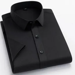 Big Size S~5XL Mens Solid Shirt Short Sleeve Loose Formal Pink Black Grey Camisa Slim Fit Pocketless Business Male Elasticity 240301