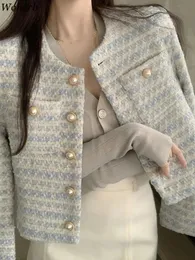 Woherb Casual Tops moda Tweed Striped Kurtki dla kobiet 2024 Ropa Mujer Temperament Tunik Vintage Korean Coat Ubrania kobiet 240301