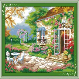Piękne romantyczne podwórko dekoracje ogrodowe malarstwo ręcznie robione z ściegu haftowe zestawy robót igłowych zliczone druk na płótnie DMC 14154R